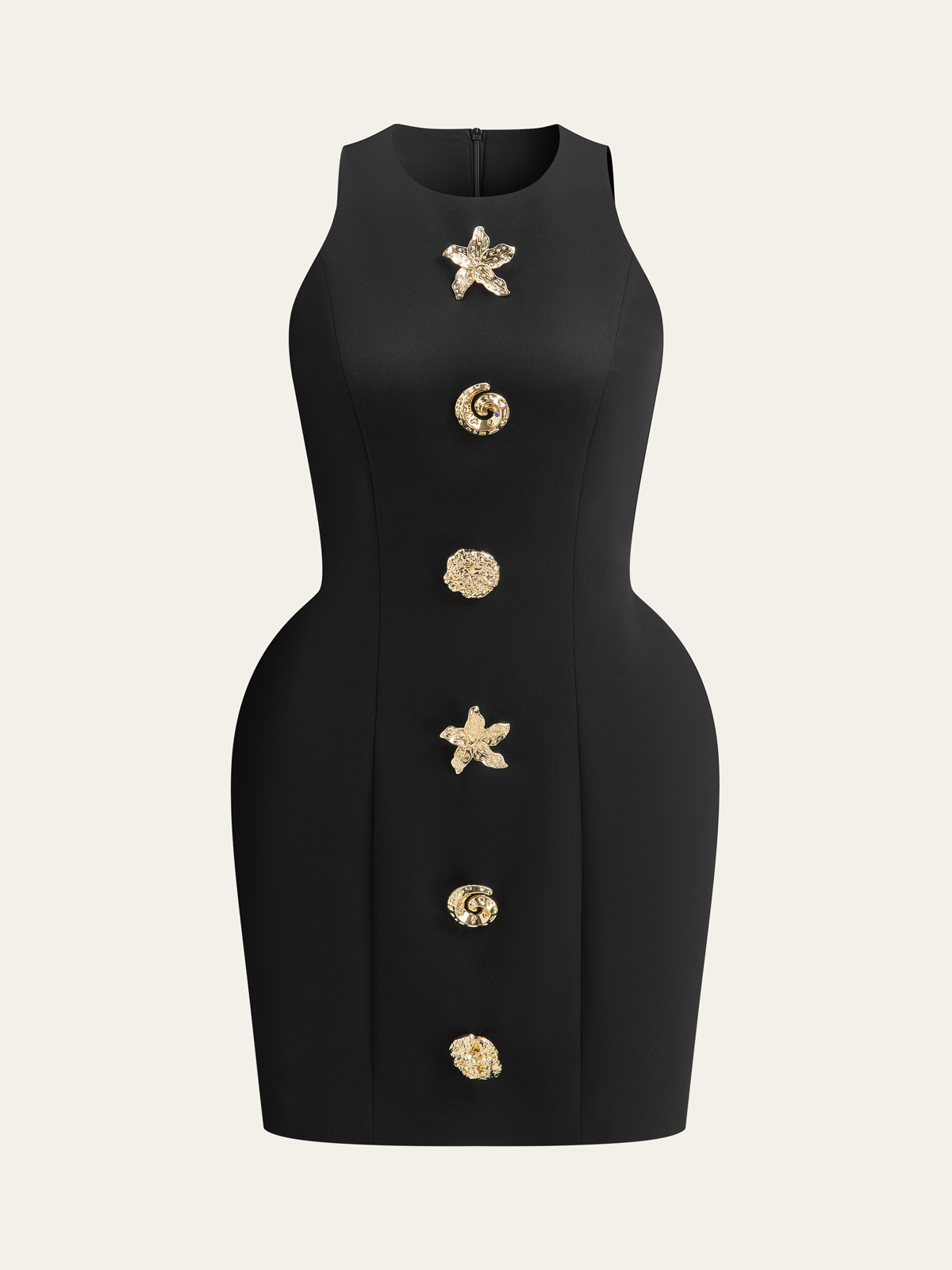 Metal-Button High-Neck Short Dress