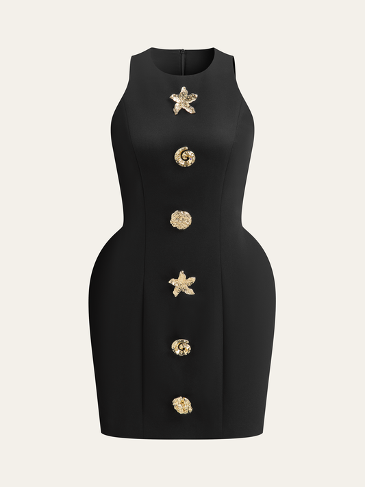 Metal-Button High-Neck Short Dress