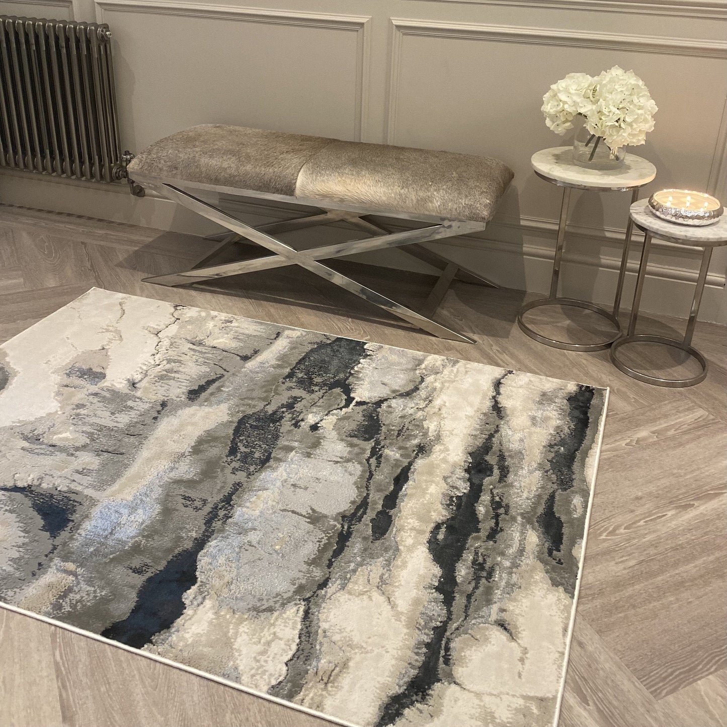 In Stock - Glacial Cream & Grey Marble Wash Velvet Rug - 200 x 290cm