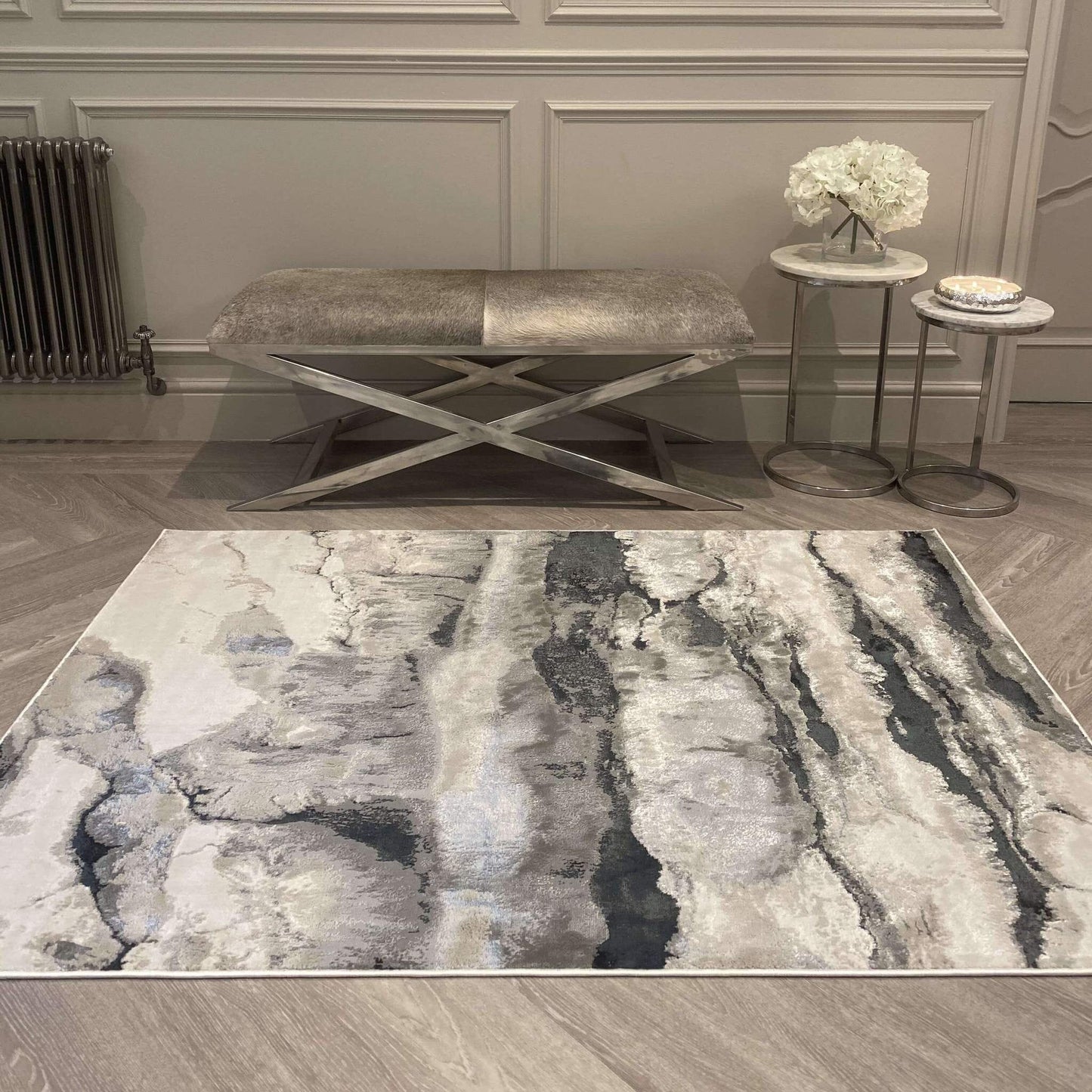 In Stock - Glacial Cream & Grey Marble Wash Velvet Rug - 200 x 290cm