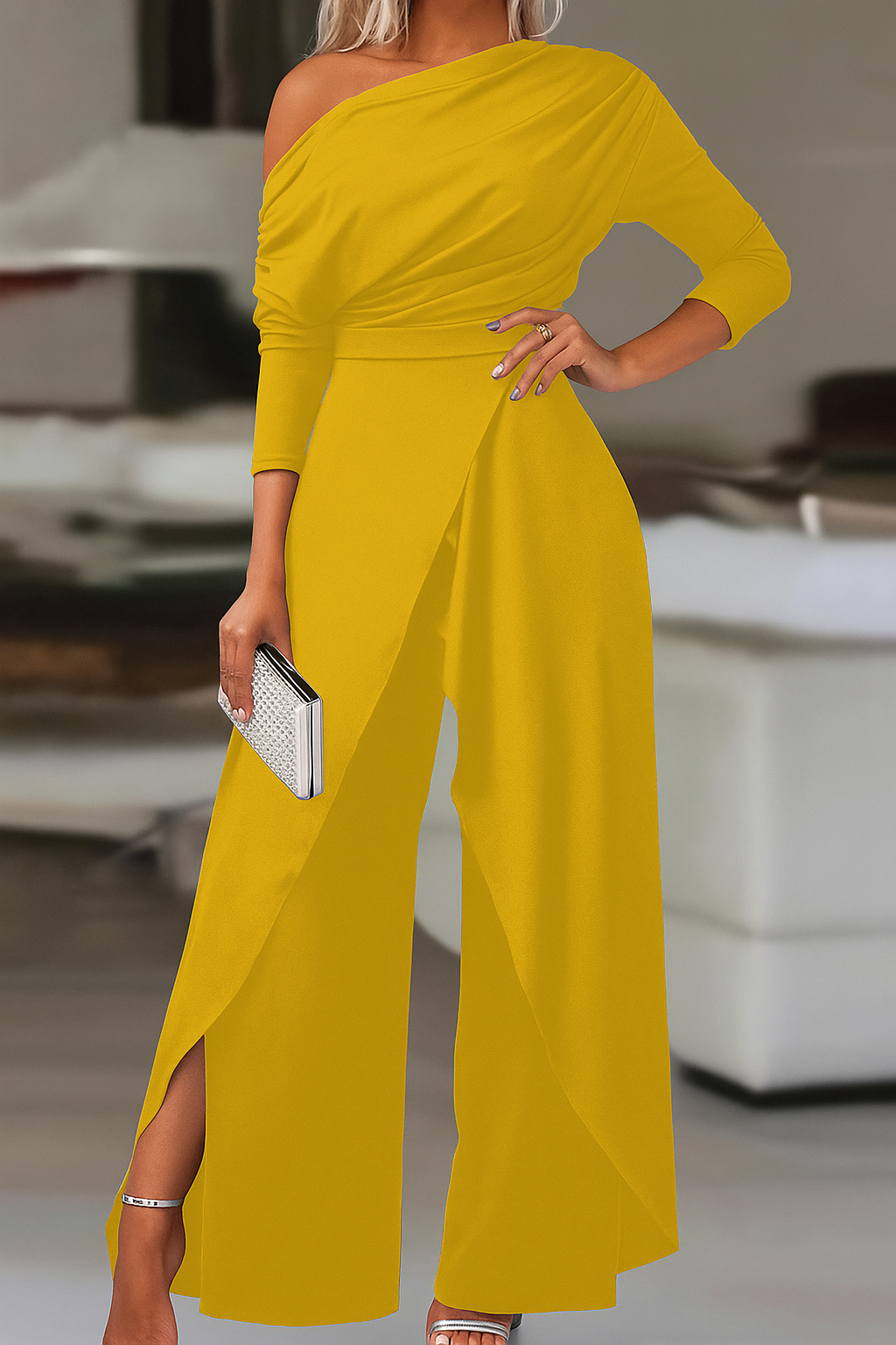 Plain Ruched Wrap Split Hem Jumpsuit