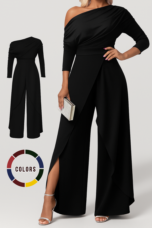 Plain Ruched Wrap Split Hem Jumpsuit