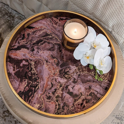 Gnache Bronze & Burgundy Round Marble Effect Decorative Tray
