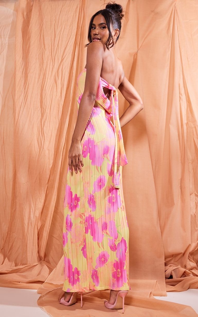 Multi Floral Print Plisse Bandeau Cowl Back Maxi Dress