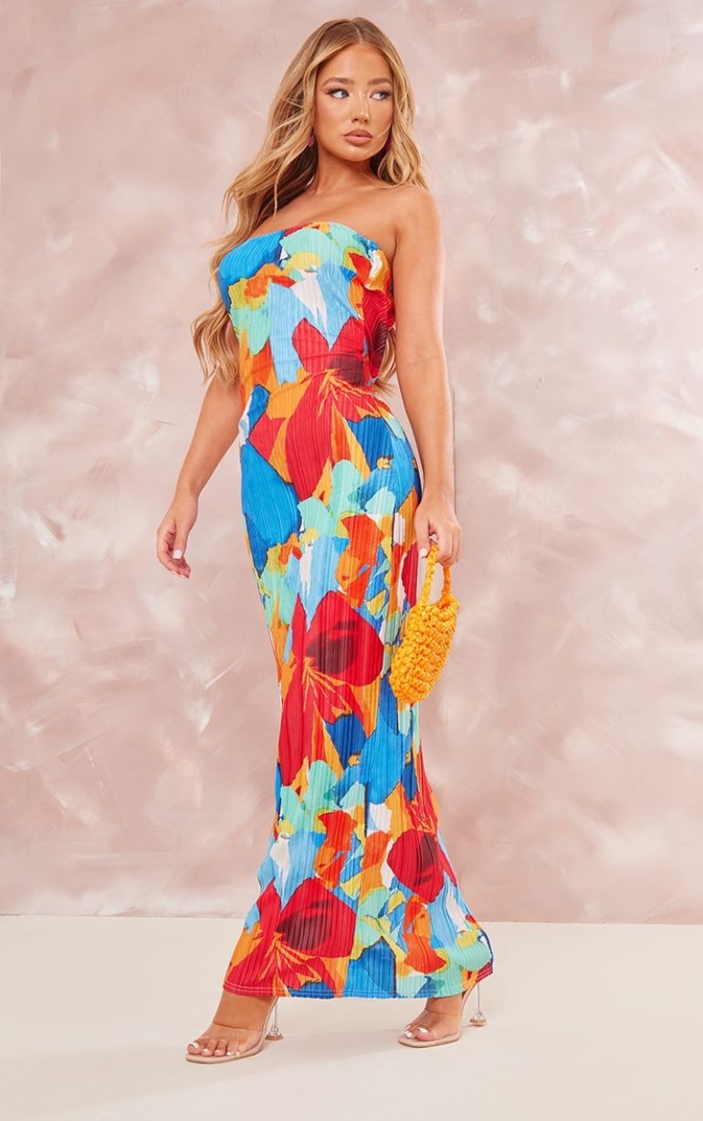 Multi Floral Print Plisse Bandeau Cowl Back Maxi Dress