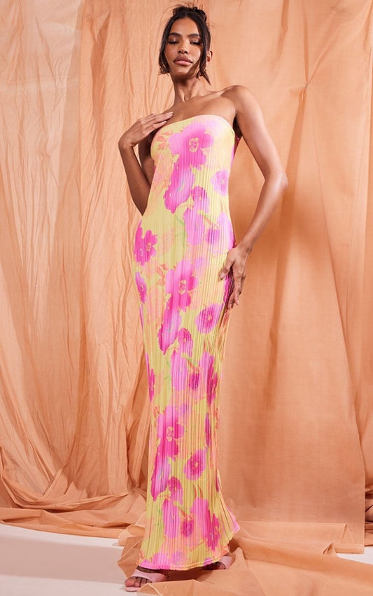Multi Floral Print Plisse Bandeau Cowl Back Maxi Dress
