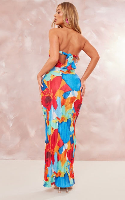 Multi Floral Print Plisse Bandeau Cowl Back Maxi Dress