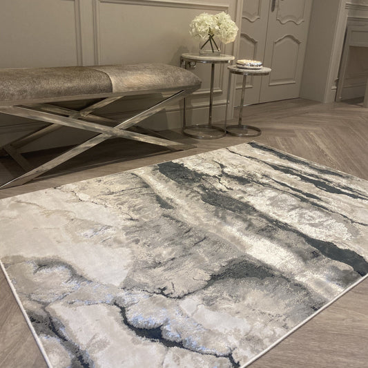 In Stock - Glacial Cream & Grey Marble Wash Velvet Rug