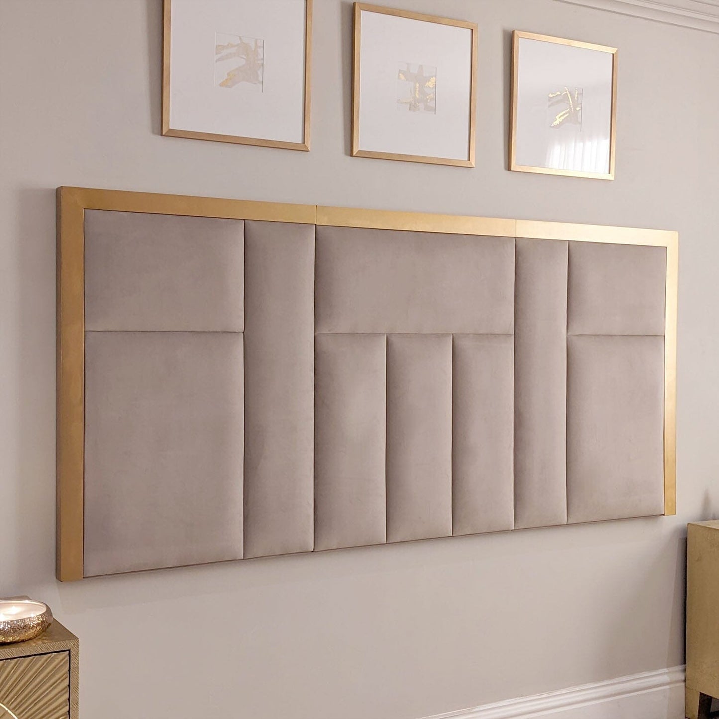 In Stock - Kensington Mink & Gold Premium Abstract Half Height Headboard - Super King