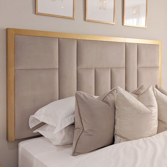 In Stock - Kensington Mink & Gold Premium Abstract Half Height Headboard - Super King