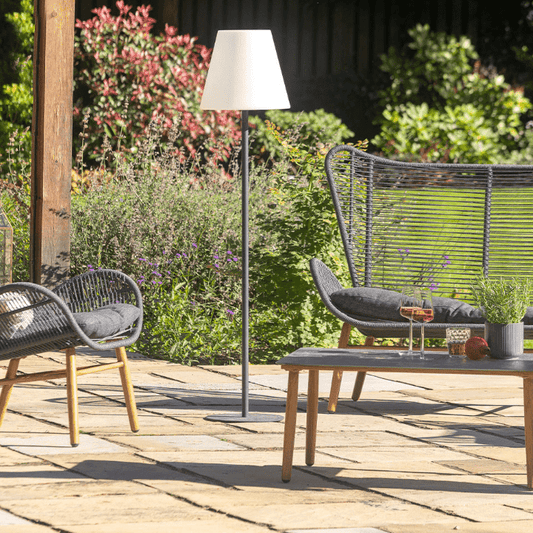 In Stock - Paros Grey & Cream Metal Rechargeable Outdoor Floor Lamp