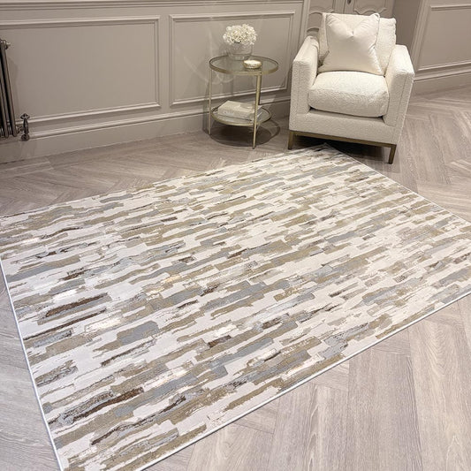 In Stock - Rialta Cream & Gold Metallic Abstract Rug - 200x290cm