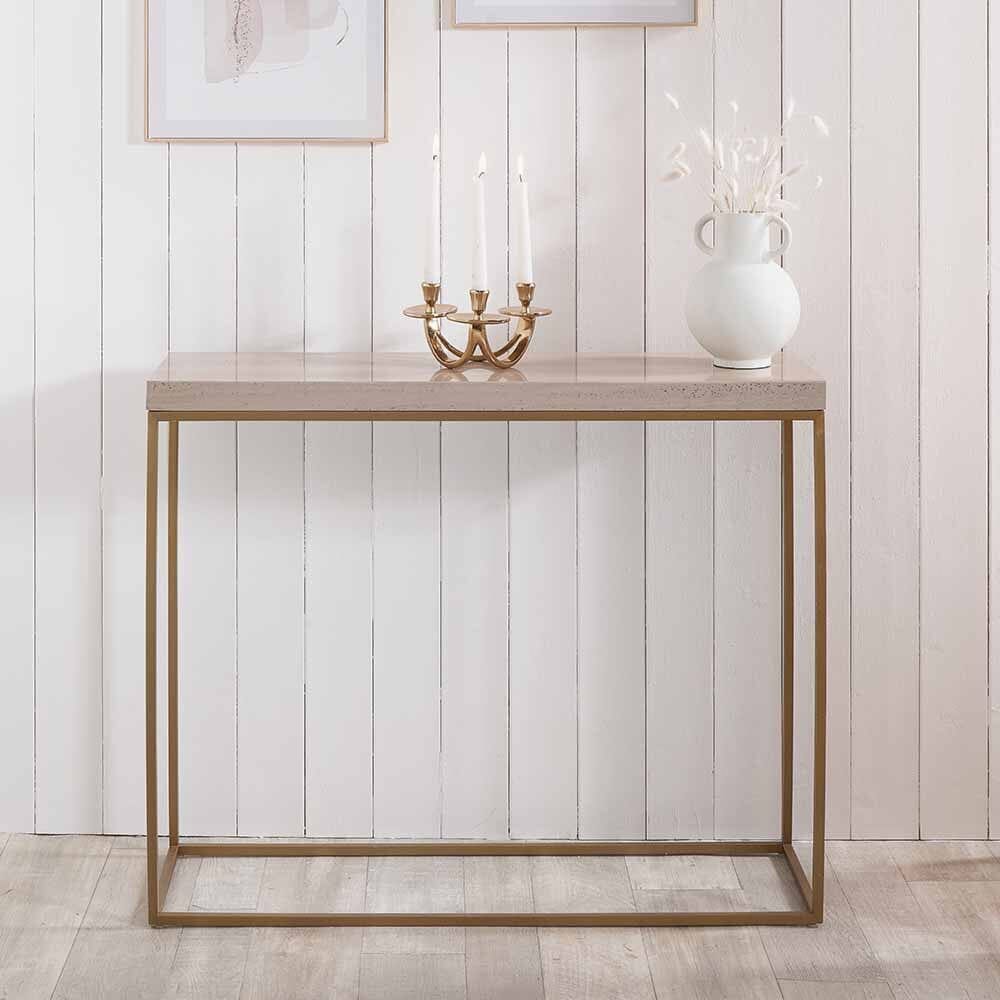 In Stock - Robyn Beige Granite & Gold Square Console Table