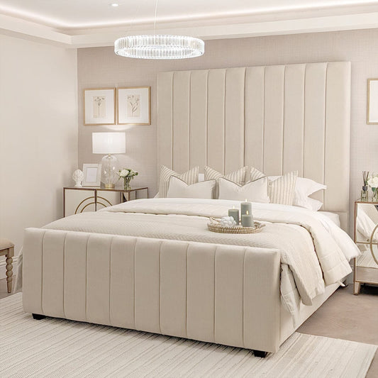 In Stock - Zana Beige Textured Luxury Panelled Bed - Super King