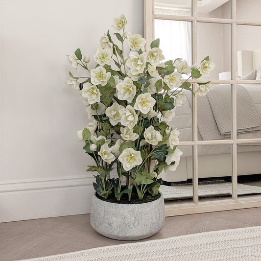 Large Faux White Hellebore Plant in Stone Pot
