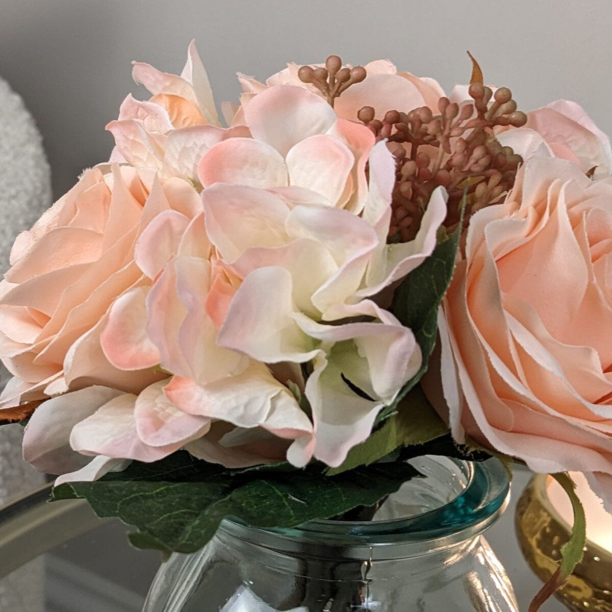 Peach Faux Rose & Hydrangea Florals in Vase