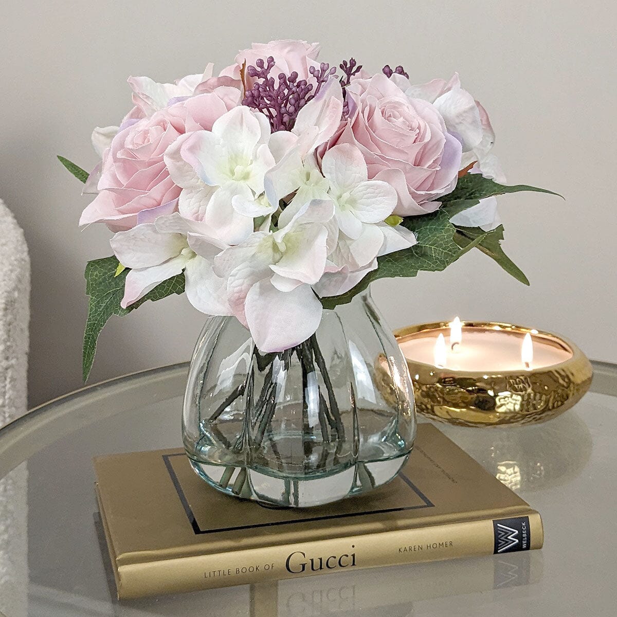 Pink and Cream Faux Rose & Hydrangea Florals in Vase