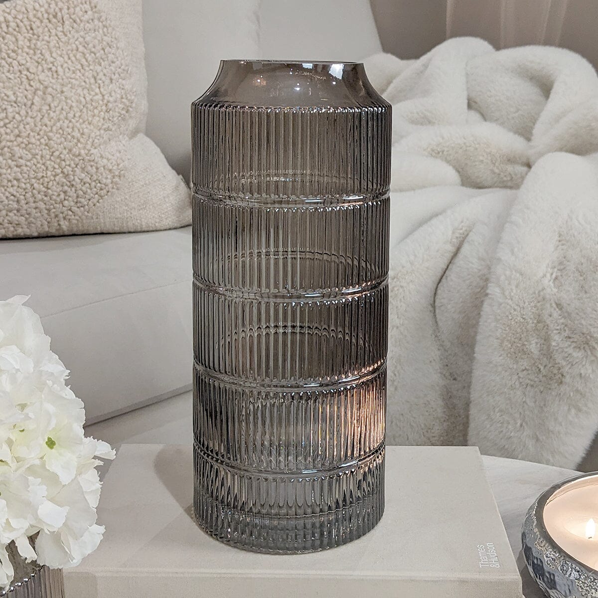 Seville Large Smoked Glass Ribbed Vase