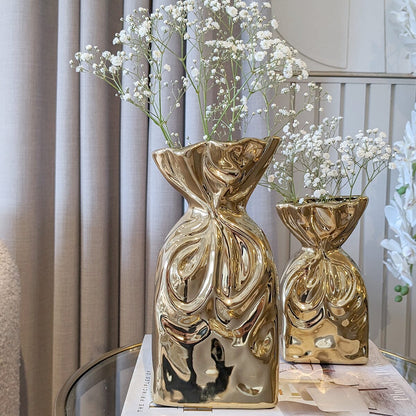 Tesora Gold Crinkled Ceramic Bag Vase