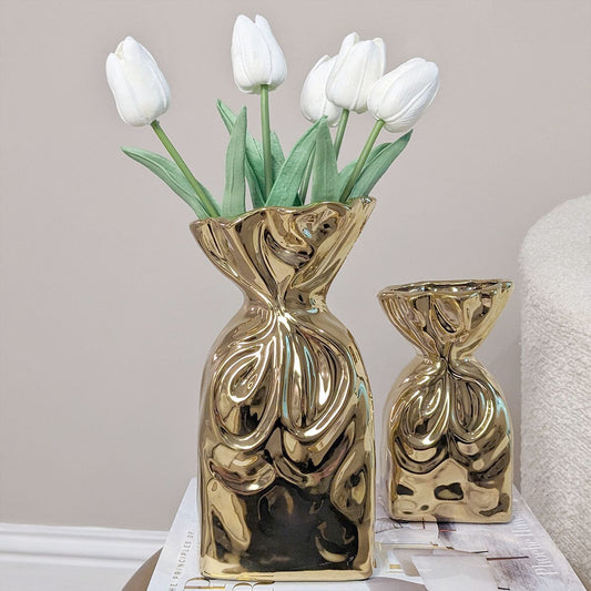 Tesora Gold Crinkled Ceramic Bag Vase