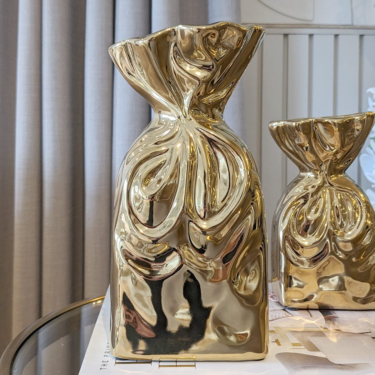 Tesora Gold Crinkled Ceramic Bag Vase