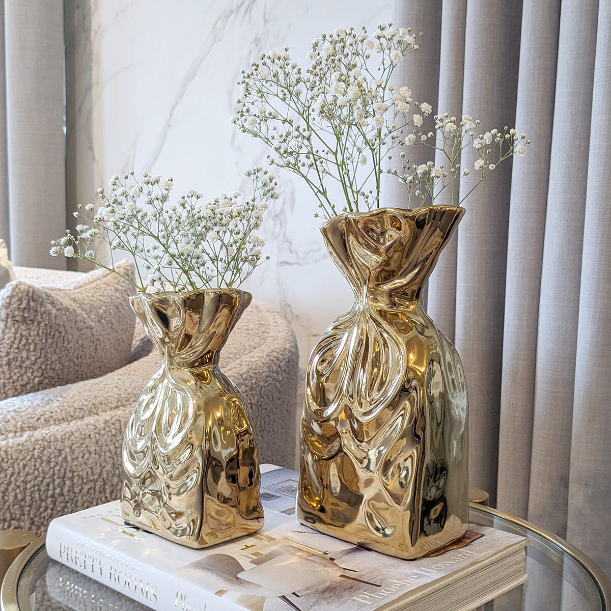 Tesora Gold Crinkled Ceramic Bag Vase