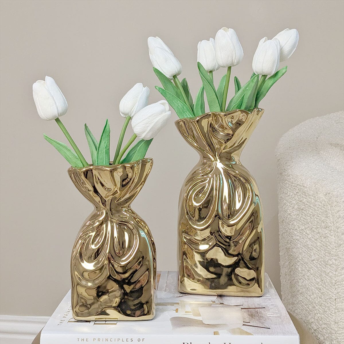 Tesora Gold Crinkled Ceramic Bag Vases - Set of 2
