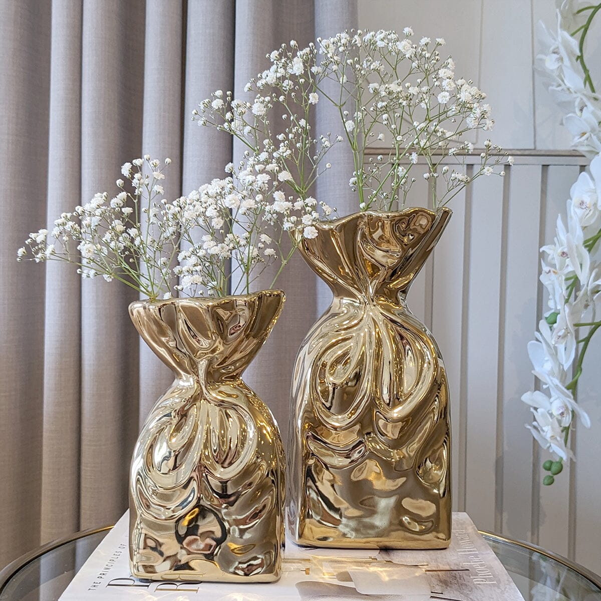 Tesora Gold Crinkled Ceramic Bag Vases - Set of 2