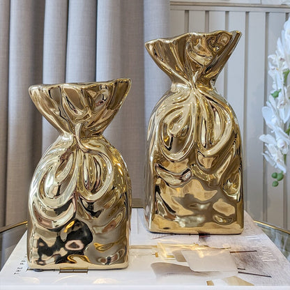 Tesora Gold Crinkled Ceramic Bag Vases - Set of 2