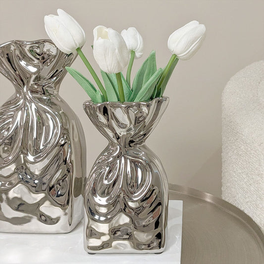 Tesora Petite Silver Crinkled Ceramic Bag Vase