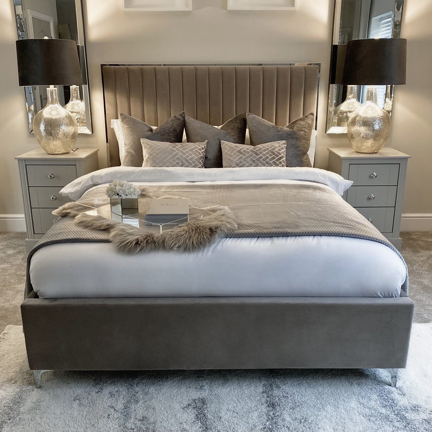 Tiffany Mink Velvet Bed with Silver Frame