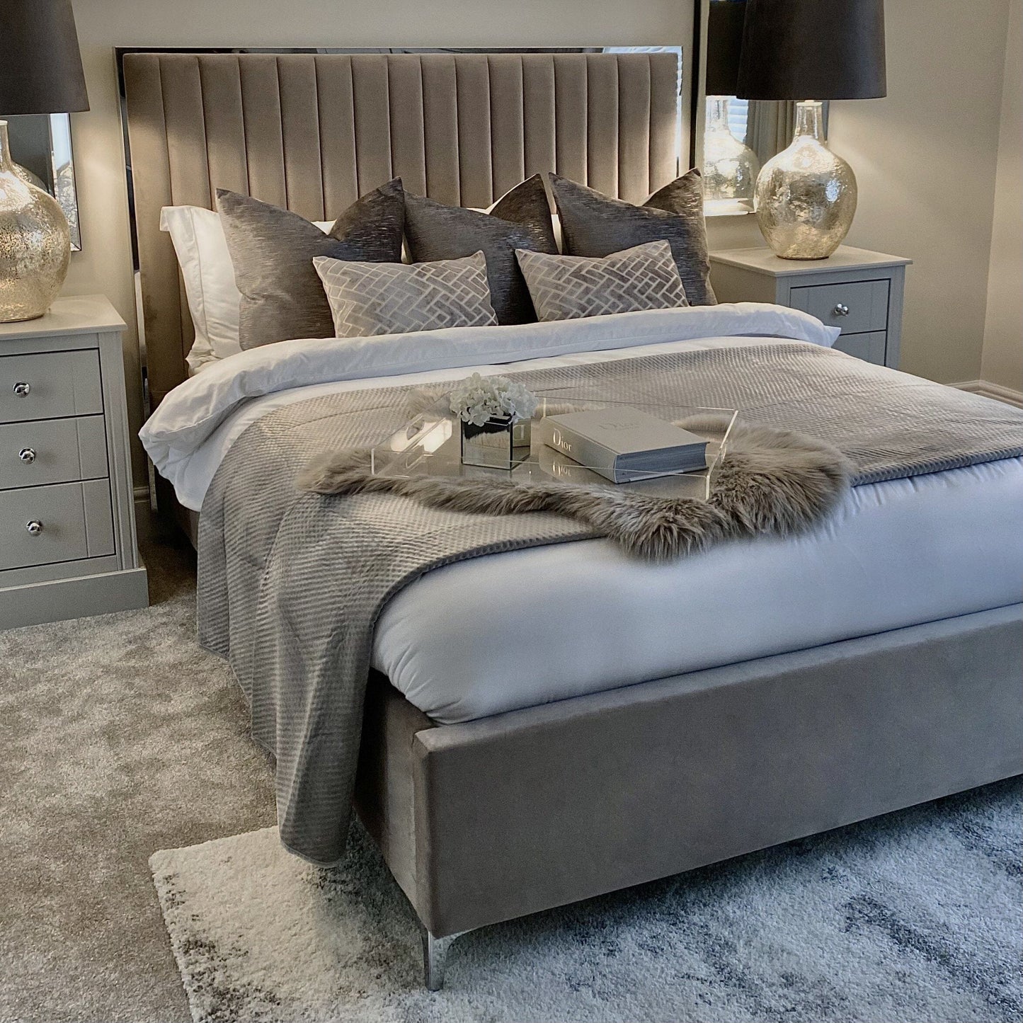 Tiffany Mink Velvet Bed with Silver Frame
