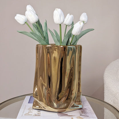 Vega Paper Bag Style Gold Ceramic Vase