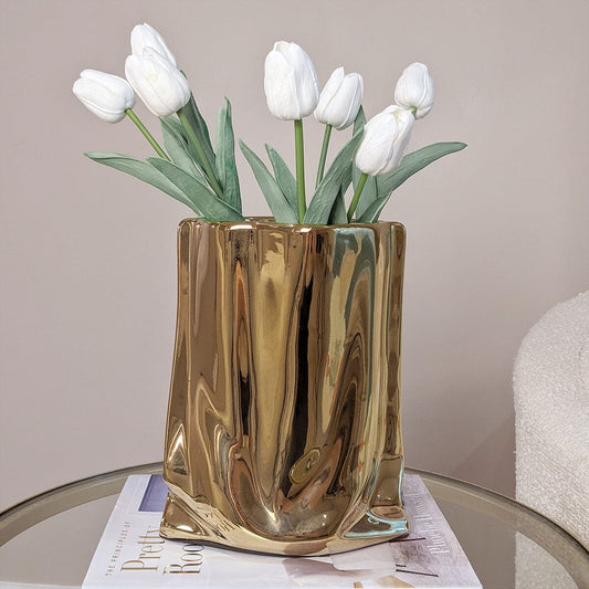 Vega Paper Bag Style Gold Ceramic Vase