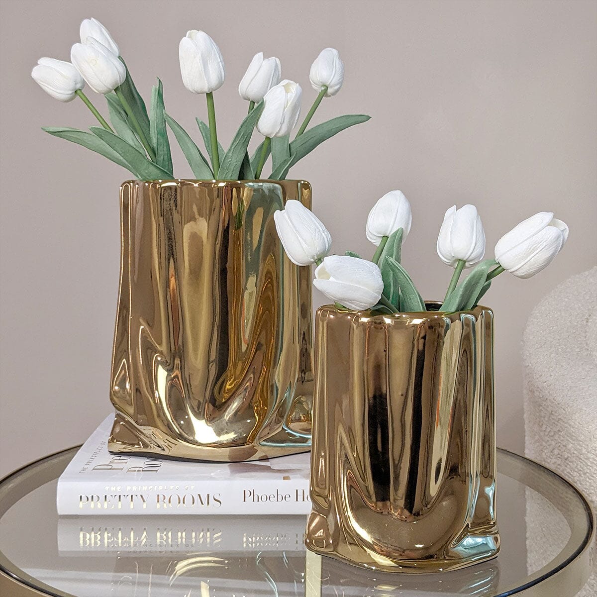 Vega Paper Bag Style Gold Ceramic Vases - Set of 2