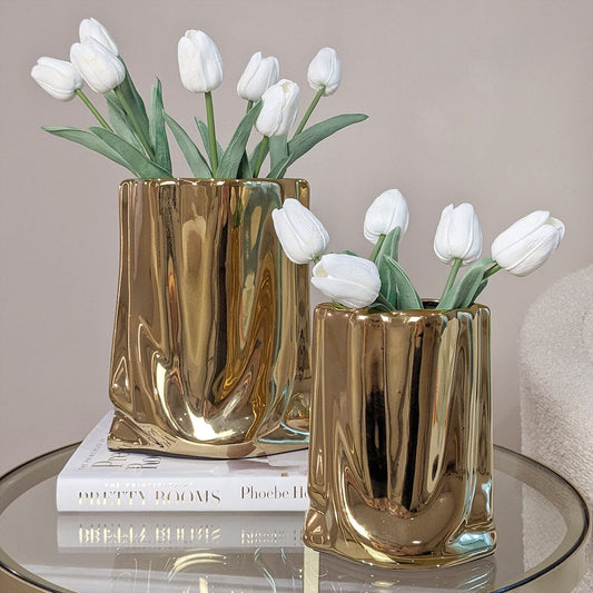 Vega Paper Bag Style Gold Ceramic Vases - Set of 2