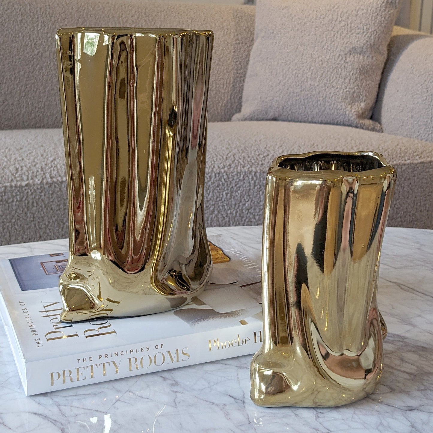 Vega Paper Bag Style Gold Ceramic Vases - Set of 2