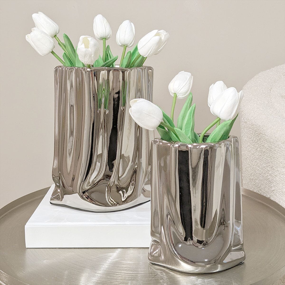 Vega Paper Bag Style Silver Ceramic Vases - Set of 2