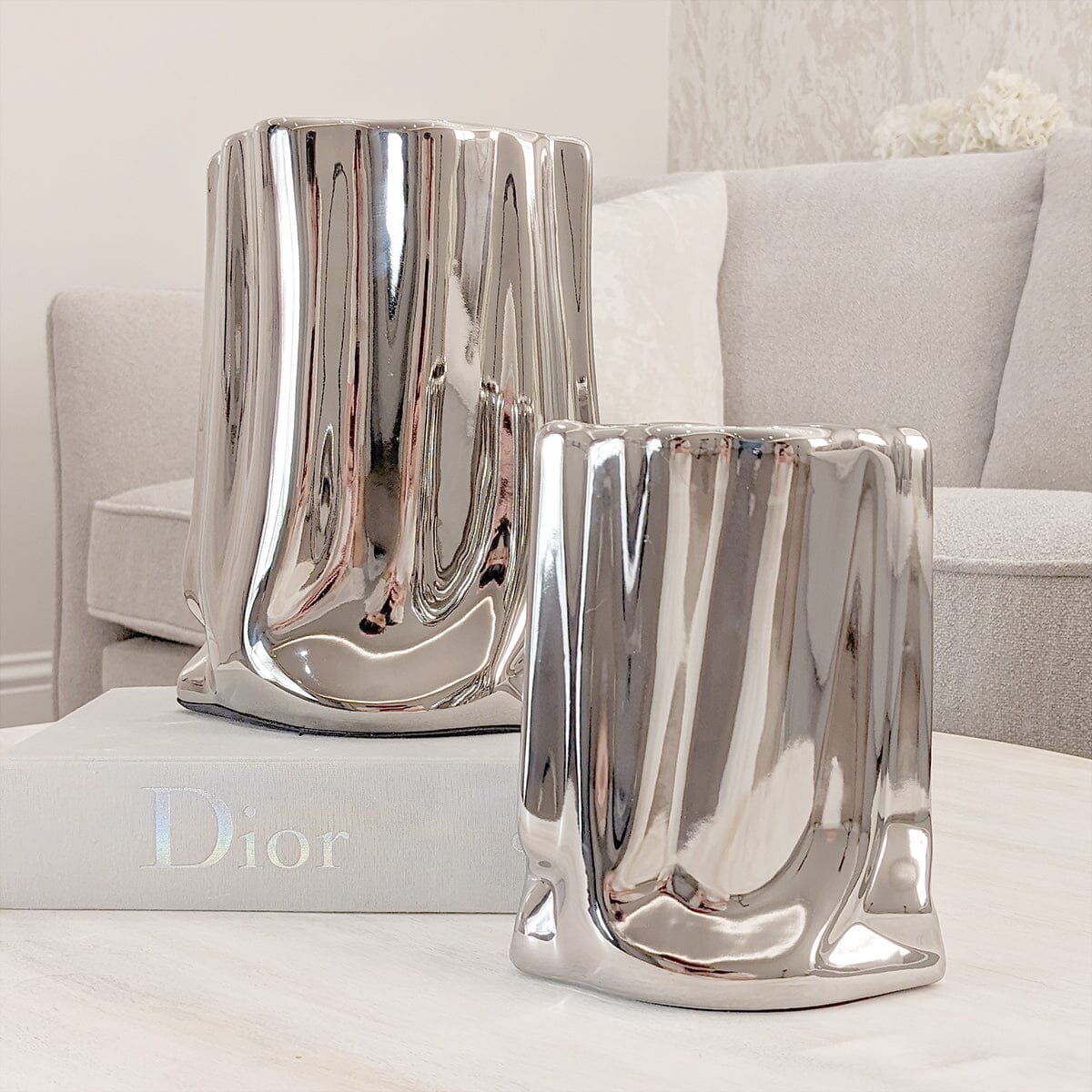Vega Paper Bag Style Silver Ceramic Vases - Set of 2